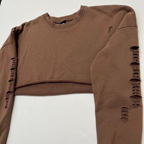Nude Brand Brown Distressed Crop Top Long Sleeve Sweater, Nude Ripped Crop 470 - Picture 6 of 7